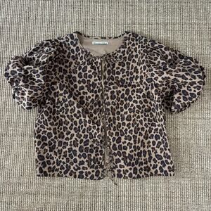 Abercrombie & Fitch Leopard Print Tie Front Blouse Women's Large Puff Sleeve